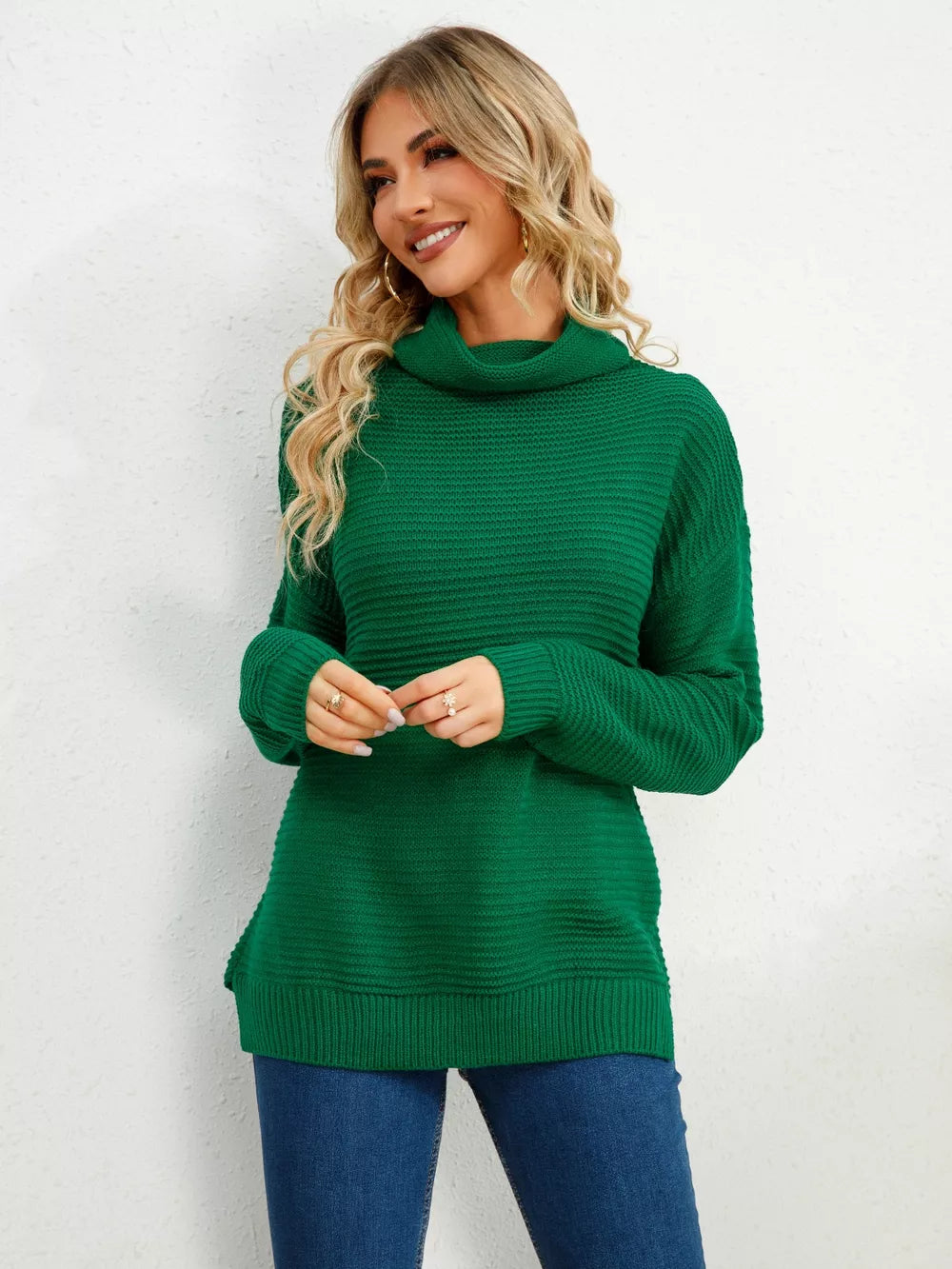 Slit Turtleneck Dropped Shoulder Sweater - Image 6