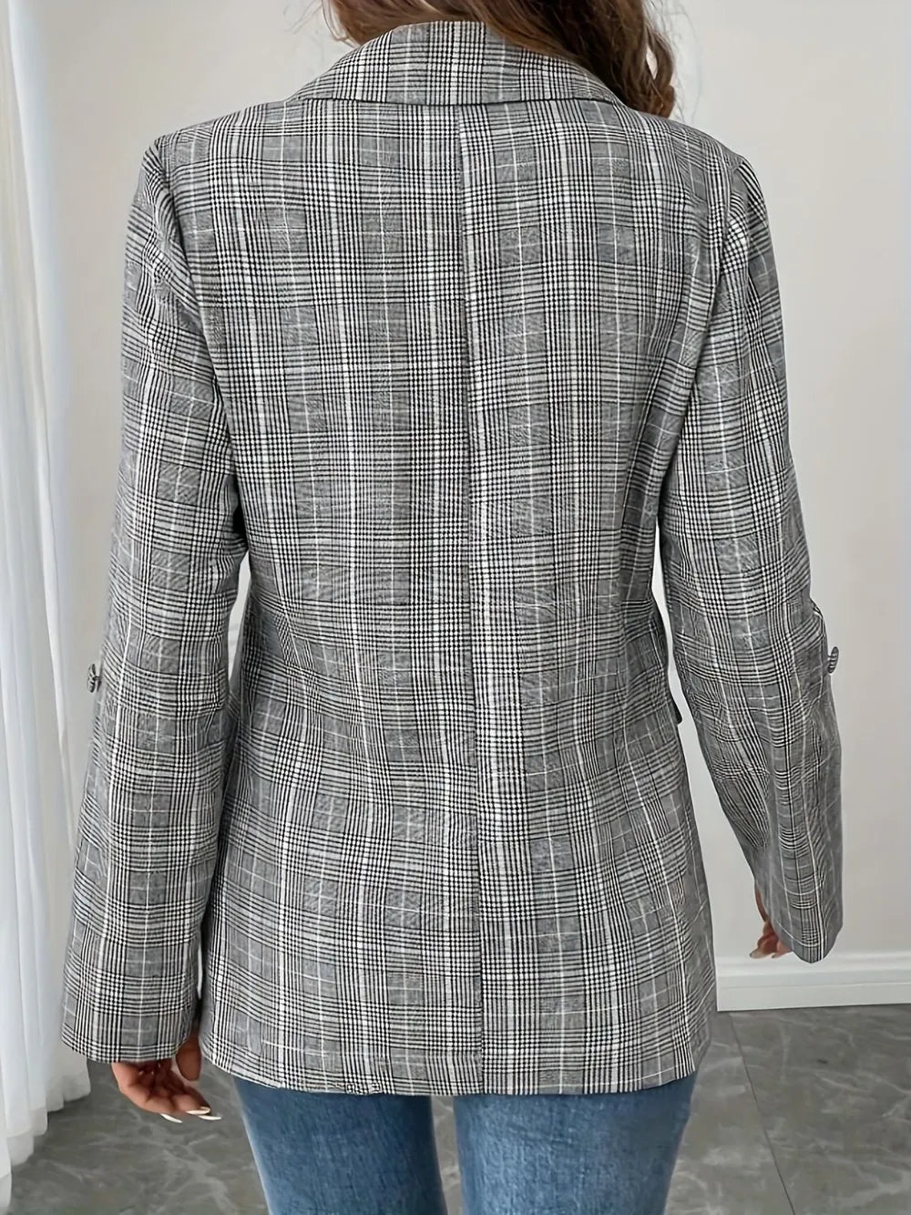 Single-Breasted Lapel Collar Plaid Blazer - Image 2
