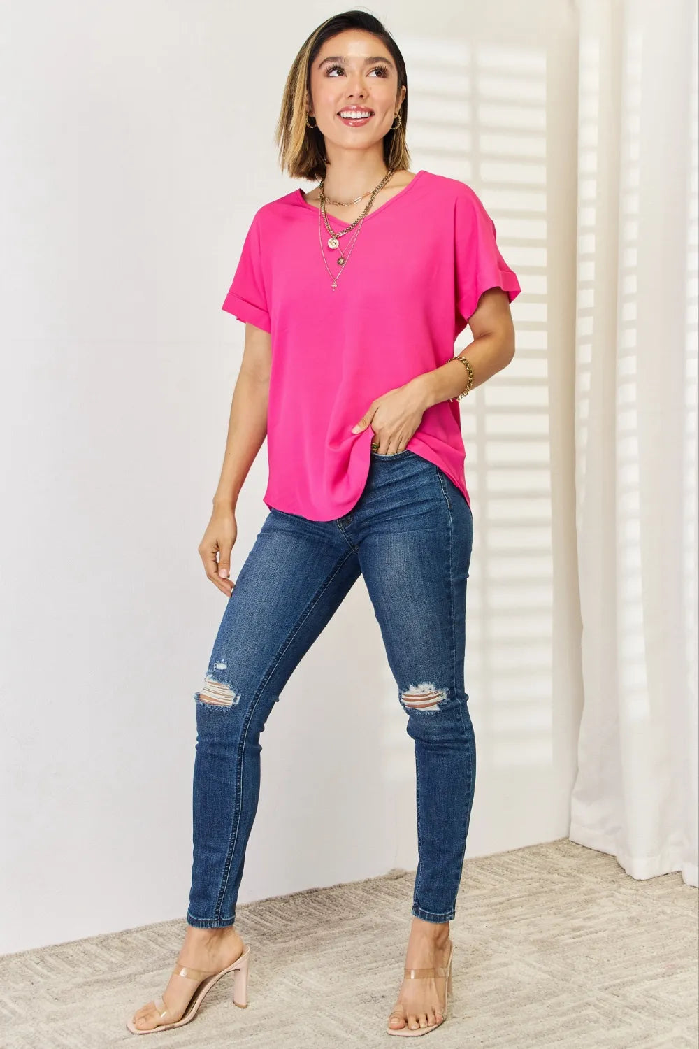 Zenana V-Neck Rolled Short Sleeve T-Shirt - Image 5