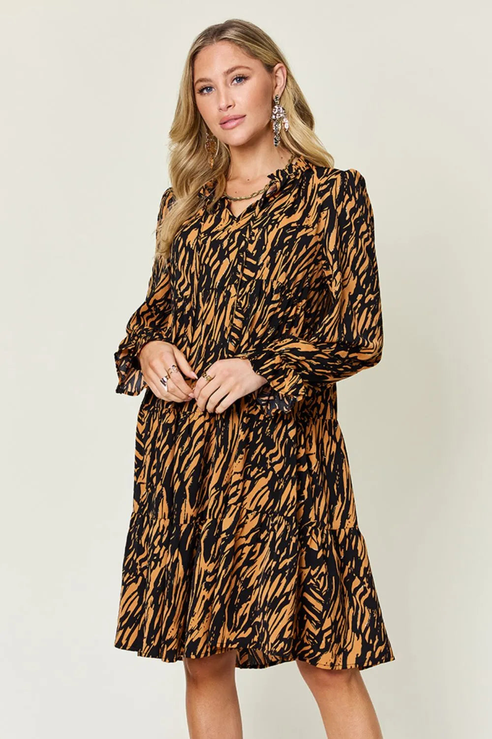 Double Take Full Size Printed Ruffle Hem Long Sleeve Dress - Image 2