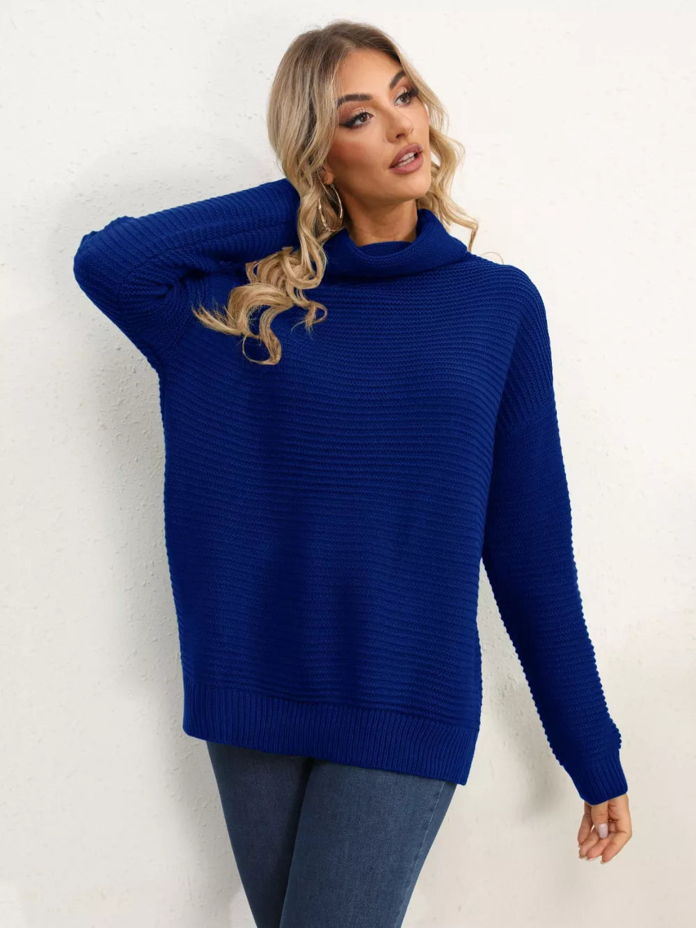 Slit Turtleneck Dropped Shoulder Sweater - Image 29