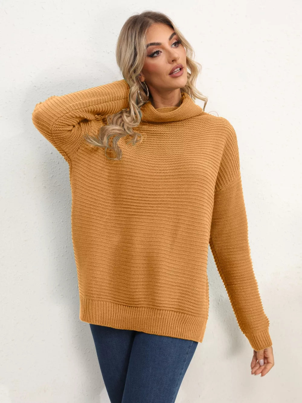Slit Turtleneck Dropped Shoulder Sweater - Image 17