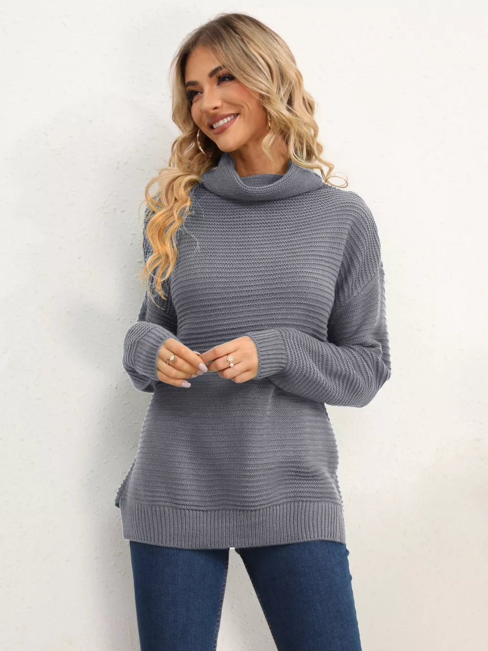 Slit Turtleneck Dropped Shoulder Sweater - Image 24