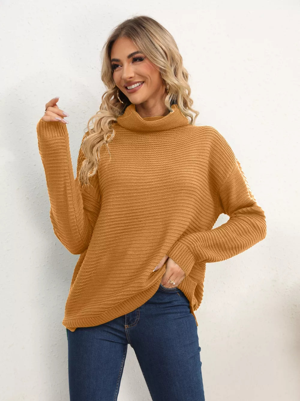 Slit Turtleneck Dropped Shoulder Sweater - Image 13