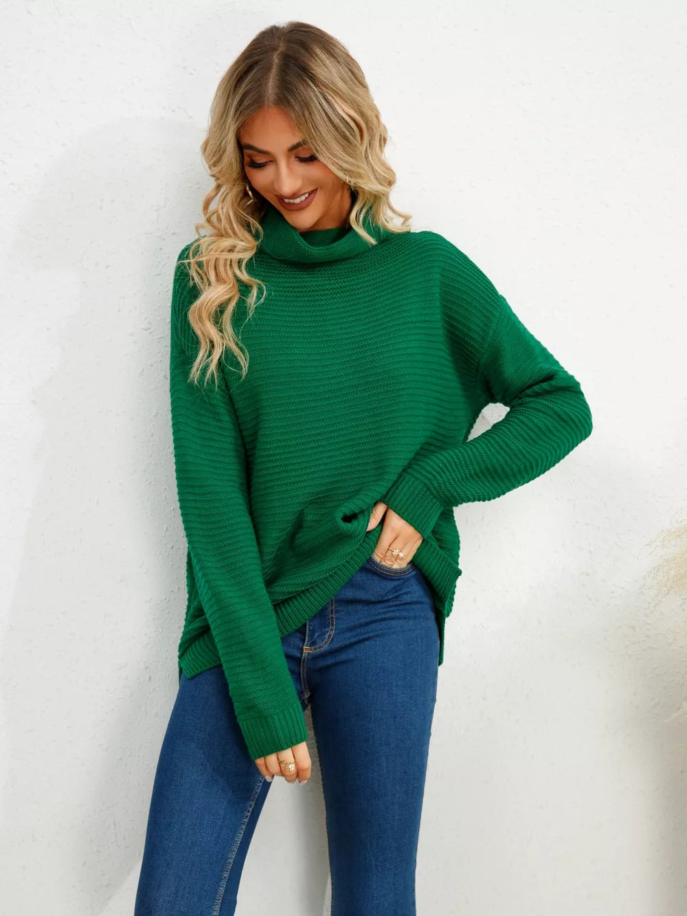 Slit Turtleneck Dropped Shoulder Sweater - Image 4