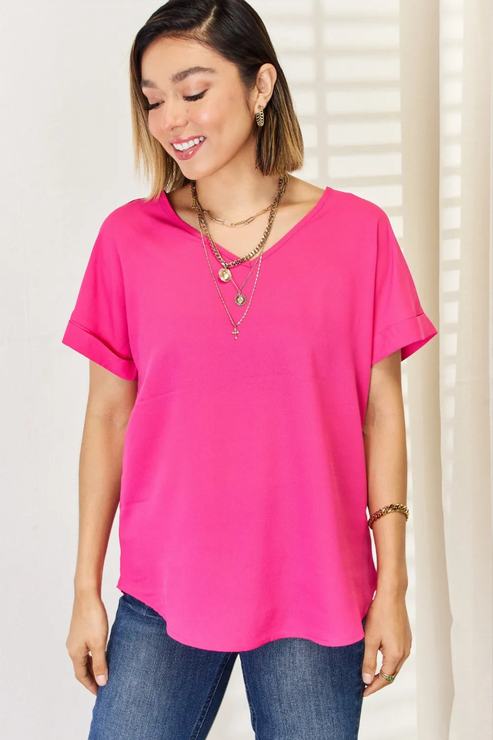 Zenana V-Neck Rolled Short Sleeve T-Shirt - Image 4