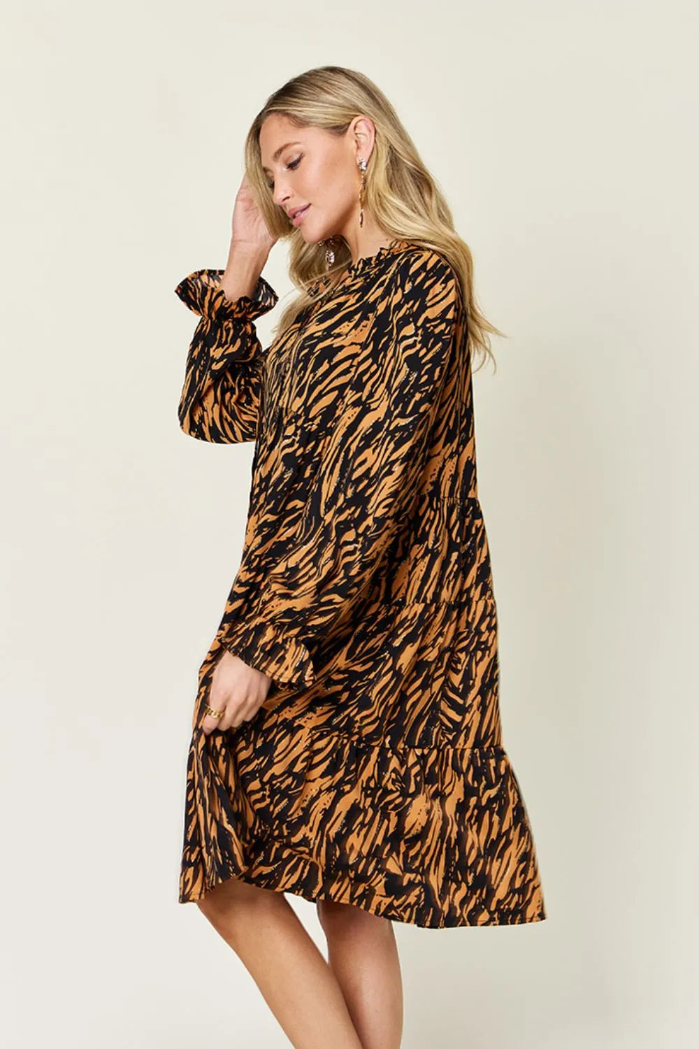 Double Take Full Size Printed Ruffle Hem Long Sleeve Dress - Image 3
