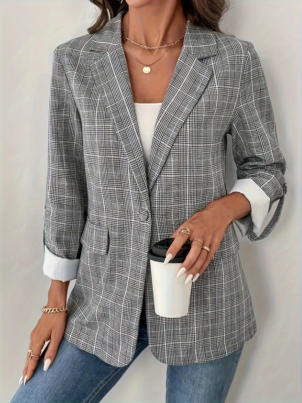 Single-Breasted Lapel Collar Plaid Blazer - Image 3