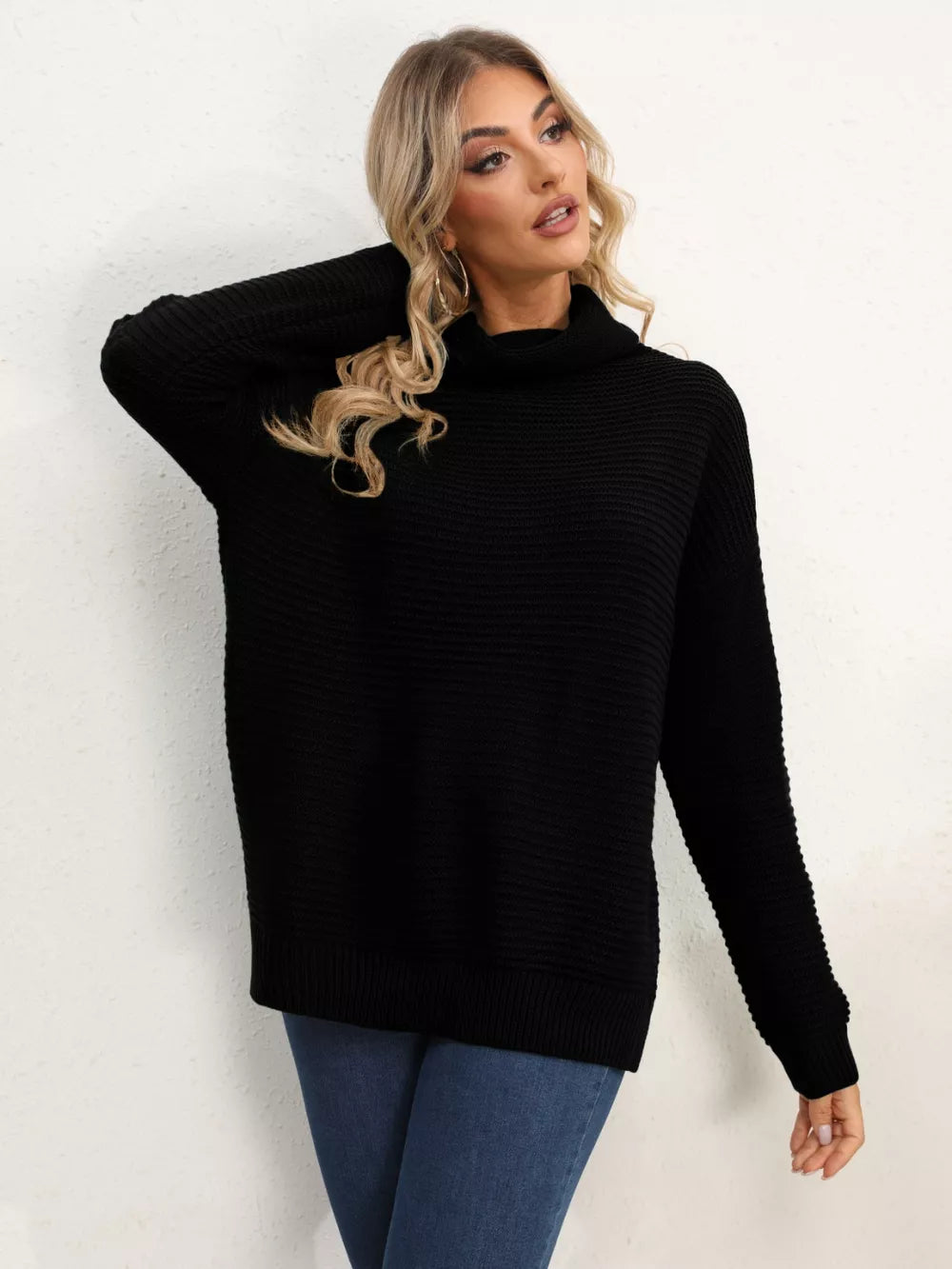 Slit Turtleneck Dropped Shoulder Sweater - Image 35