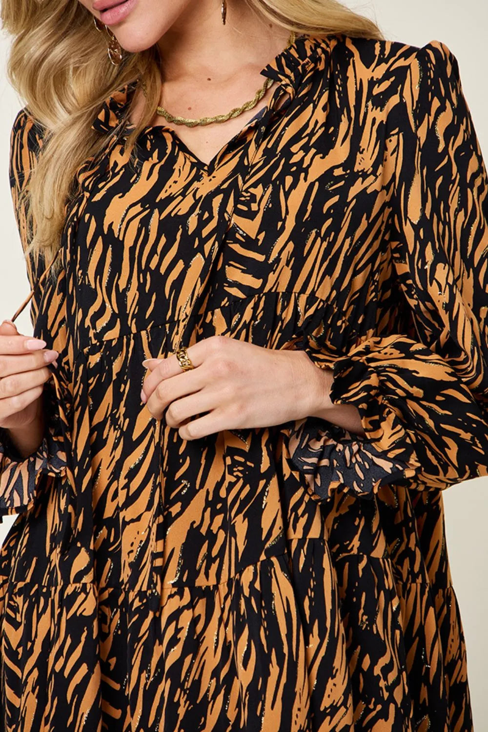 Double Take Full Size Printed Ruffle Hem Long Sleeve Dress - Image 6