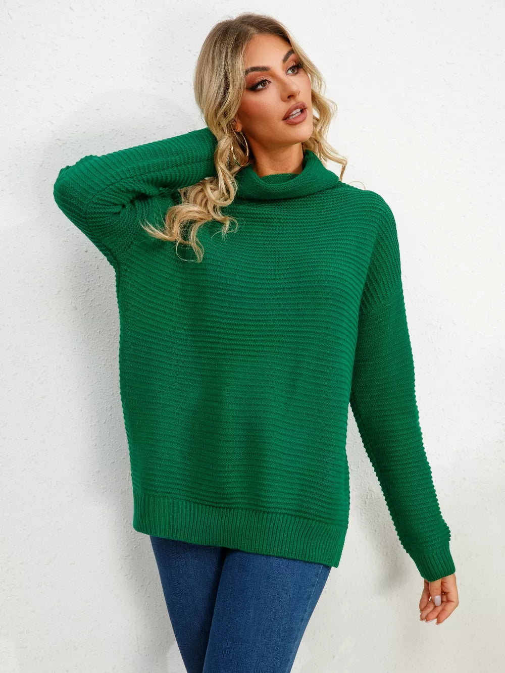 Slit Turtleneck Dropped Shoulder Sweater - Image 5